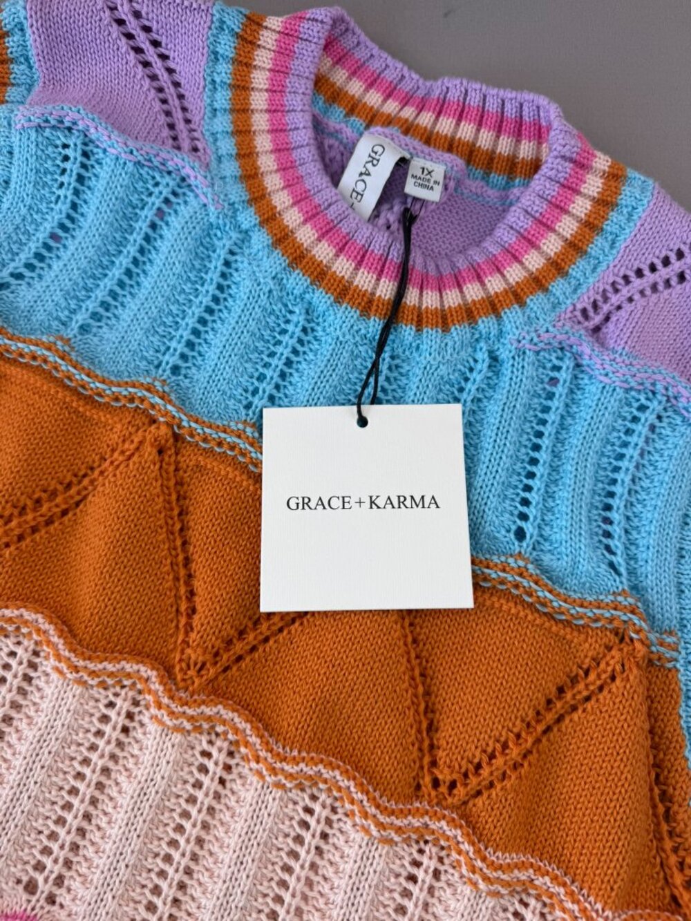 Grace+Karma Sweater Vest 1X Multicolor Striped Eyelet Knit Sleeveless Bohemian
